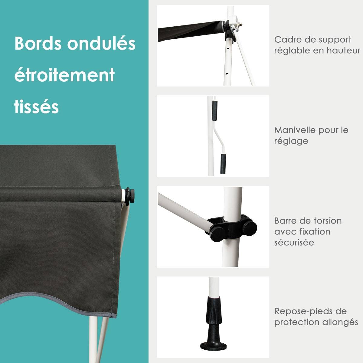Maison Chic - Auvent Rétractable Manuel Store Banne 150x125CM Hauteur Réglable 2-3M sans Perçage en Métal et Tissu Gris - Image 8