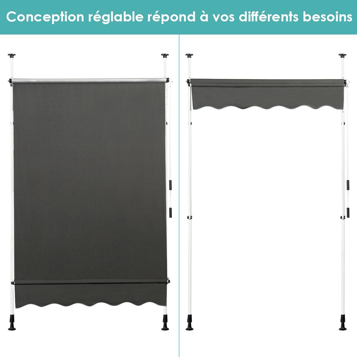 Maison Chic - Auvent Rétractable Manuel Store Banne 150x125CM Hauteur Réglable 2-3M sans Perçage en Métal et Tissu Gris - Image 6