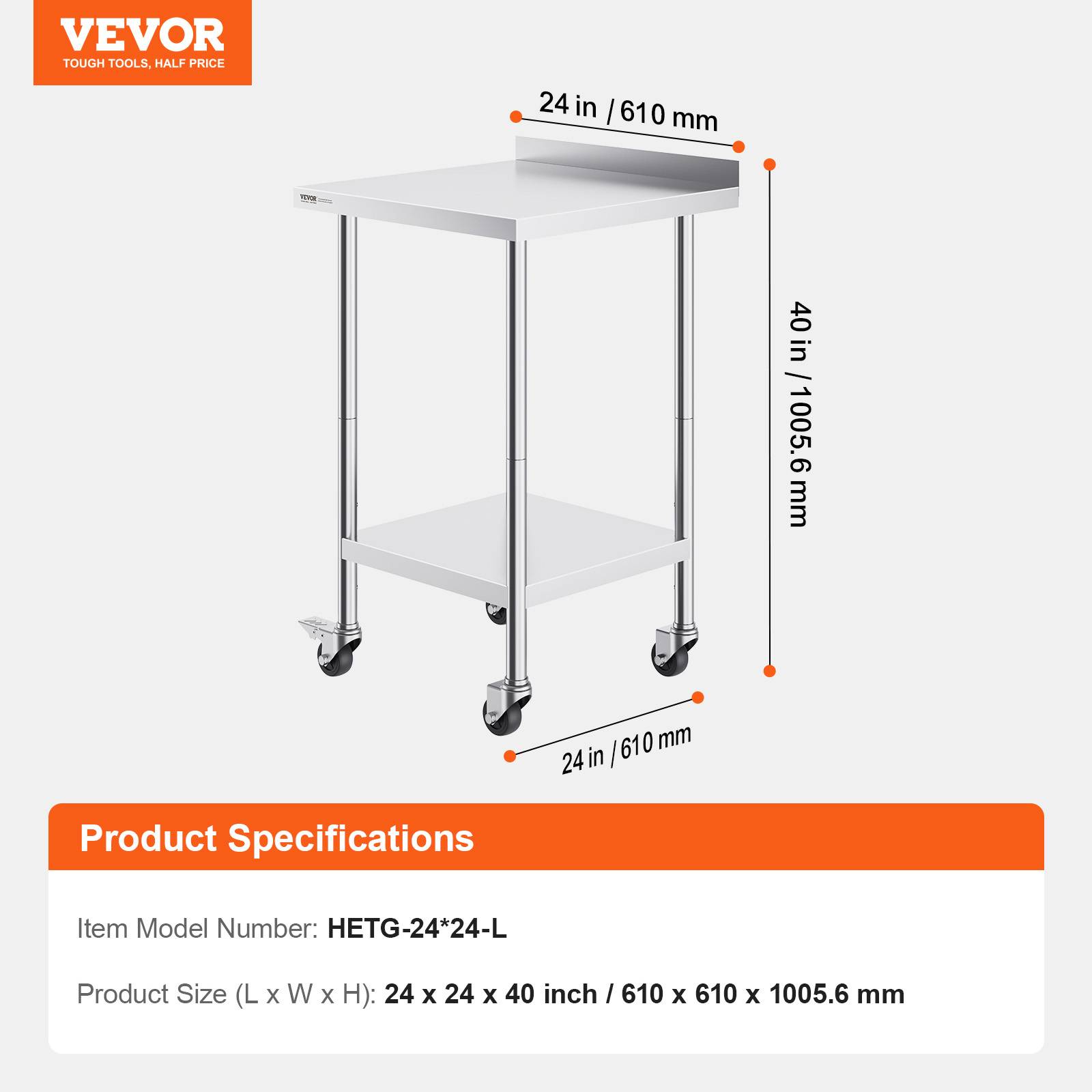 VEVOR Table de travail inox 61x61x100.6 cm, préparation aliments, roulettes, étagères réglables, pour restaurant. - Image 7