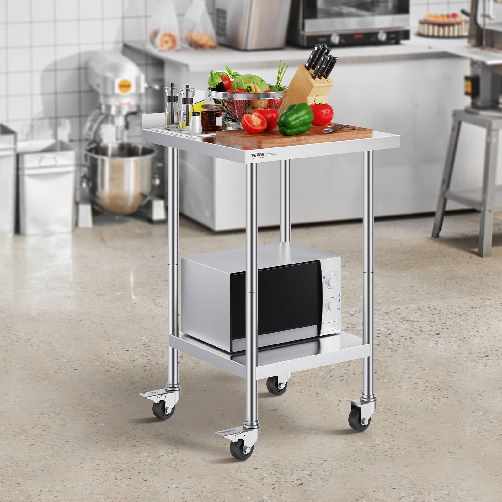 VEVOR Table de travail inox 61x61x100.6 cm, préparation aliments, roulettes, étagères réglables, pour restaurant. - Image 8