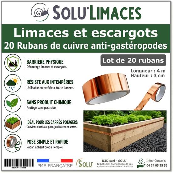 Tout pour les nuisibles - 20 Rubans de Cuivre Anti-Limaces et Escargots SOLU'LIMACES – Barrière Physique Adhésive pour Potager, Jardinières, Pots et Bacs de Culture -4mx3cm - Image 1