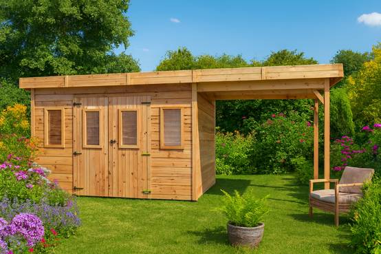 Habrita - Abri Madriers bois massif - 28 mm- surface extérieur 28,46 m2 avec bûcher- Toit plat - couverture polycarbonate - Image 1