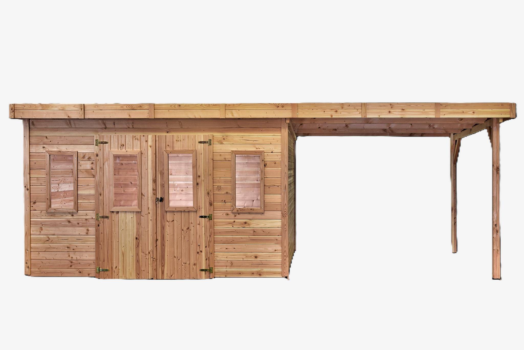 Habrita - Abri Madriers bois massif - 28 mm- surface extérieur 28,46 m2 avec bûcher- Toit plat - couverture polycarbonate - Image 2