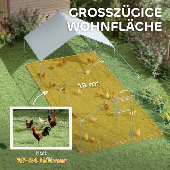Poulailler, enclos pour poules élevées en plein air, avec bâche résistante aux UV, grillage en acier, mangeoire automatique, pour 18 à 24 poules - Image 6