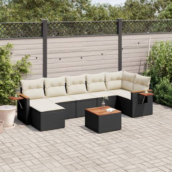 Canapé de jardin 6 places modulable en poly rotin avec table basse et pouf pour balcon Noir et Crème – ComfortXL Outdoor Living - Image 1