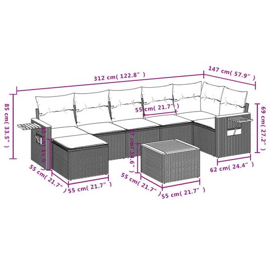 Canapé de jardin 6 places modulable en poly rotin avec table basse et pouf pour balcon Noir et Crème – ComfortXL Outdoor Living - Image 10