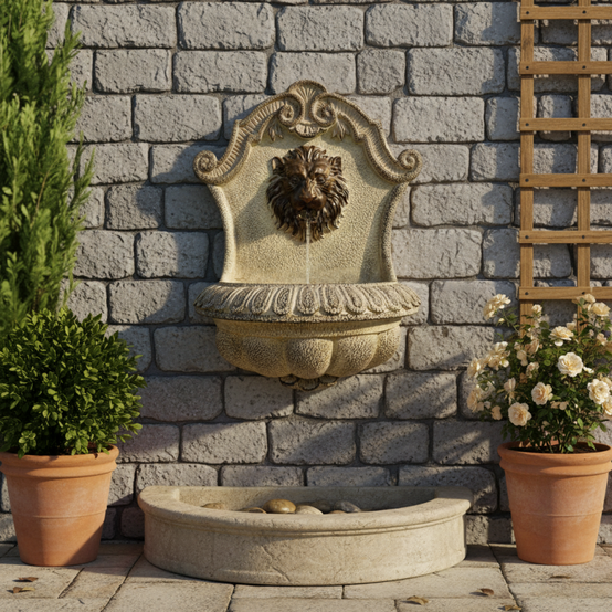 Fontaine murale Leon en polyrésine beige antique avec pompe LED 35x48,5 ...