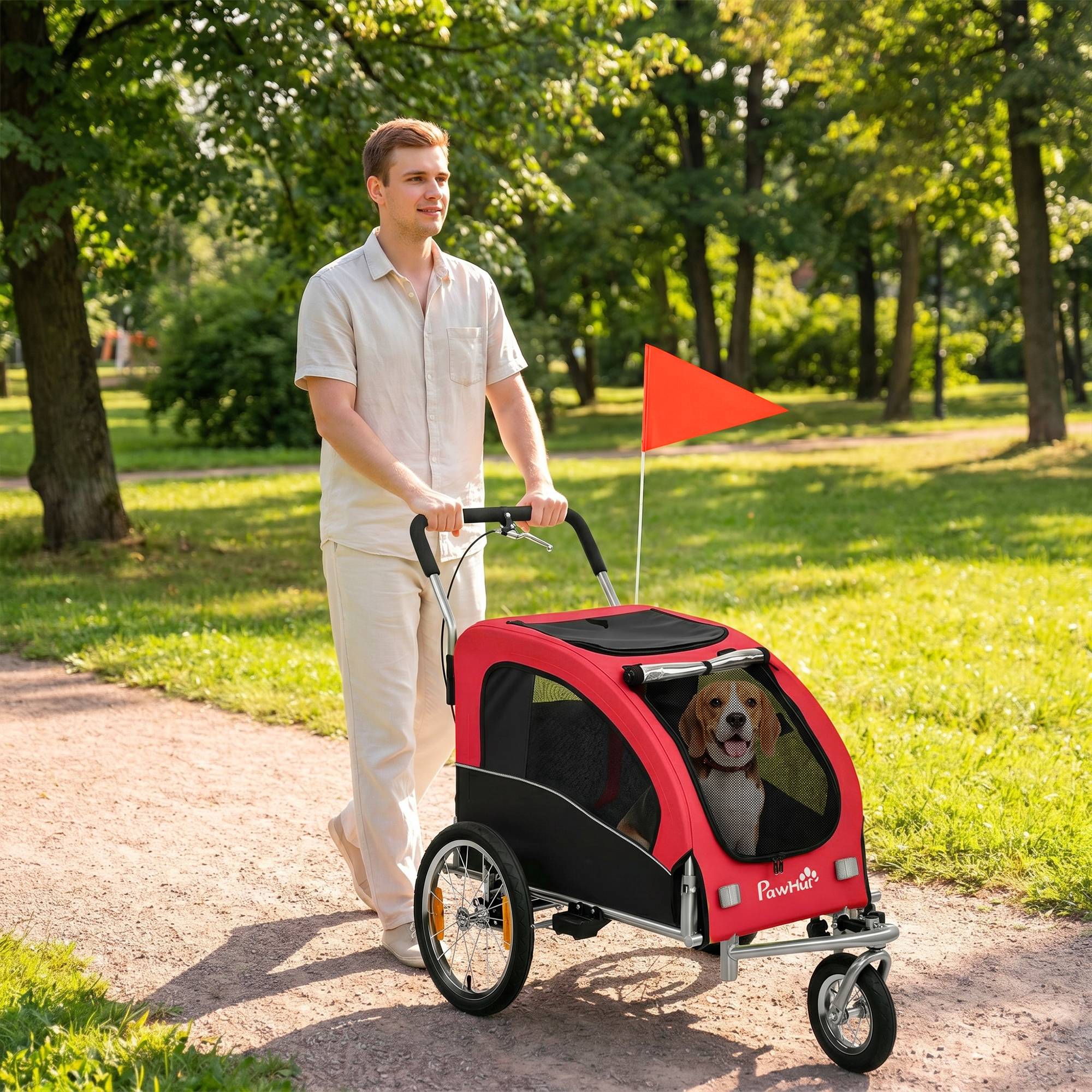 ComfortXL - Remorque vélo pour chien 2-en-1 en acier et tissu Oxford rouge 160 x 71 x 101 cm avec suspension et poussette - Image 8