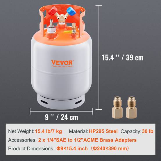 VEVOR Réservoir récupération fréon, 30 lb, avec flotteur. Adaptateur ¼ à ½. Réutilisable pour CVC. - Image 7