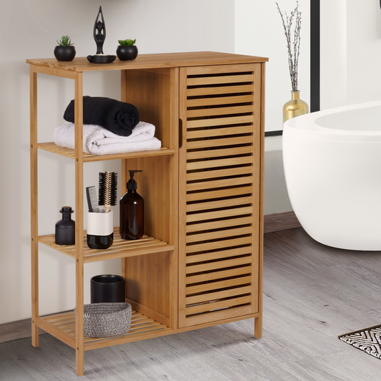 Meuble de rangement salle de bain bambou BEA 3 étagères avec placard - Image 1