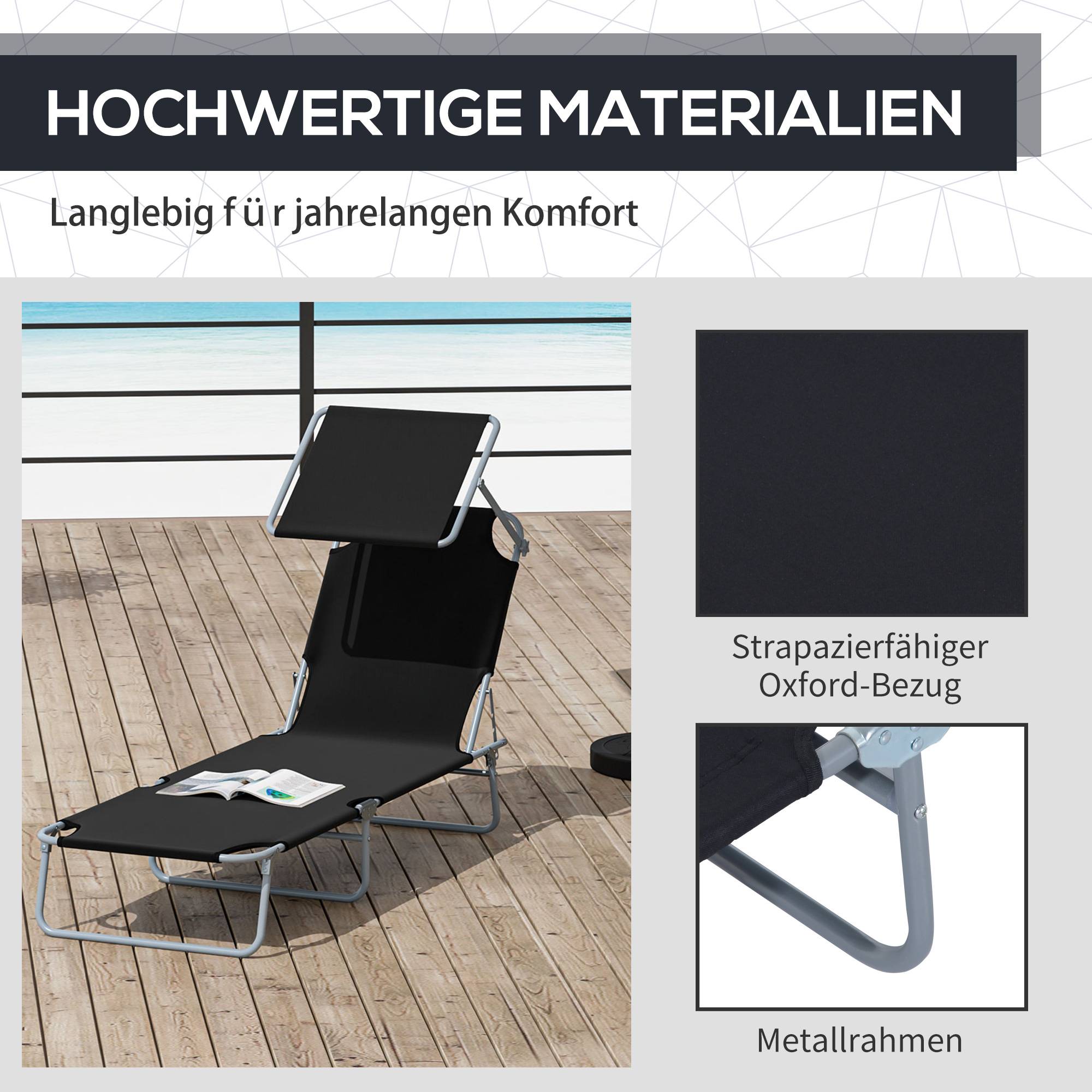 Transat pliant noir avec pare-soleil, chaise longue de jardin dossier réglable 4 positions, charge 120 kg, balcon piscine - Image 9