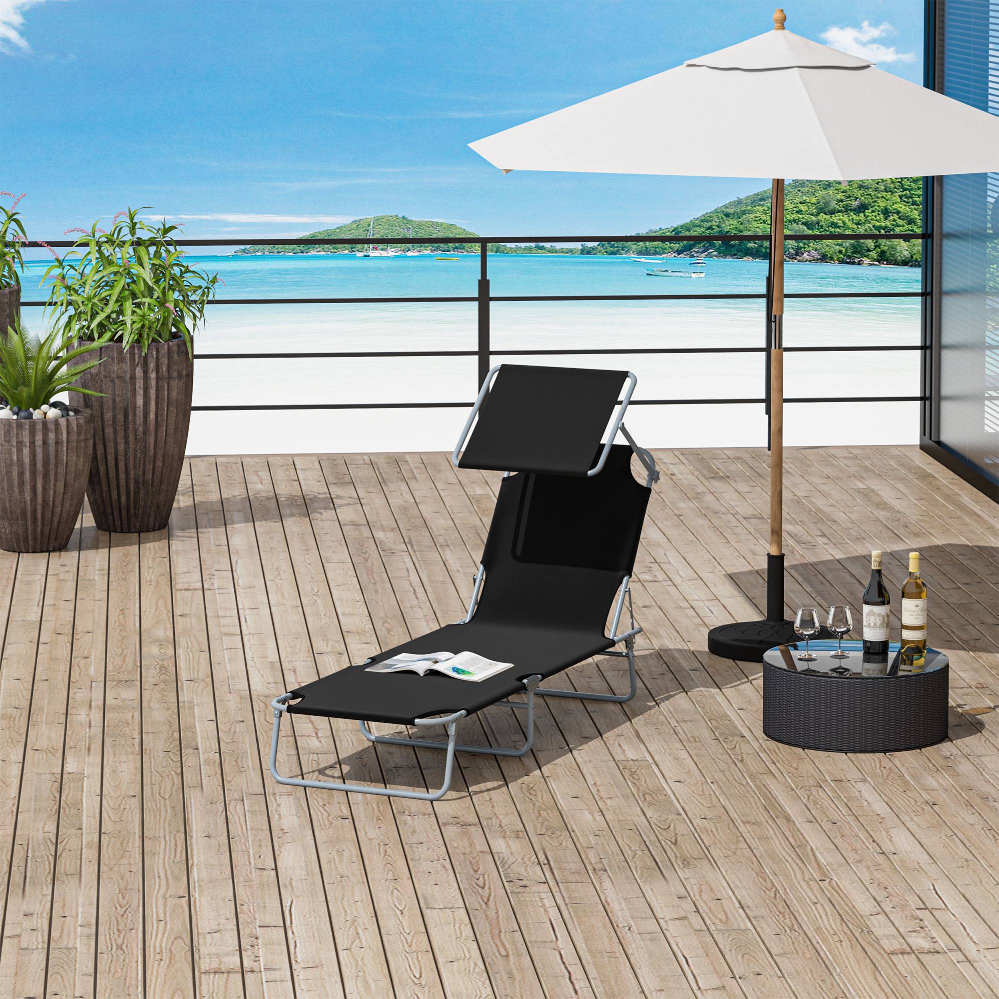 Transat pliant noir avec pare-soleil, chaise longue de jardin dossier réglable 4 positions, charge 120 kg, balcon piscine - Image 4