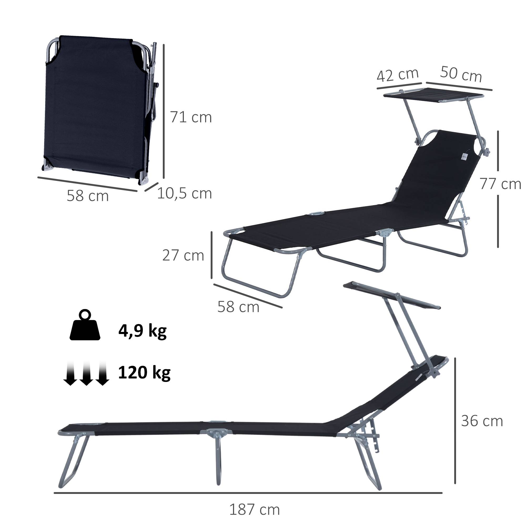 Transat pliant noir avec pare-soleil, chaise longue de jardin dossier réglable 4 positions, charge 120 kg, balcon piscine - Image 5