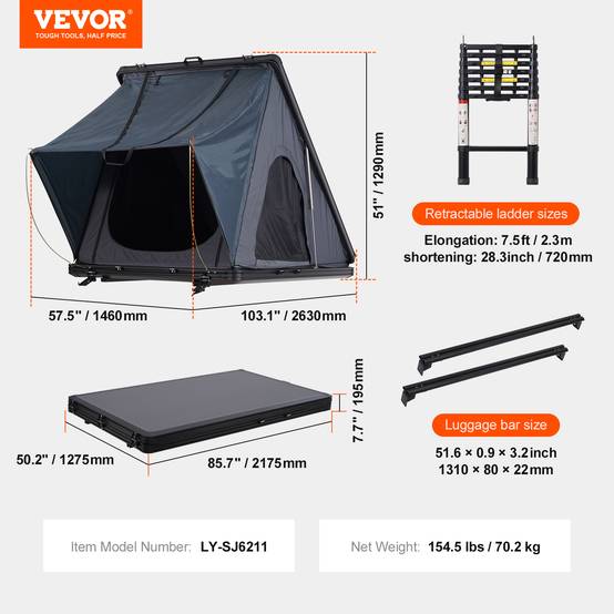 VEVOR Tente de toit rigide Naturnest 2-3 pers., échelle télescopique, matelas épais, imperméable. - Image 7