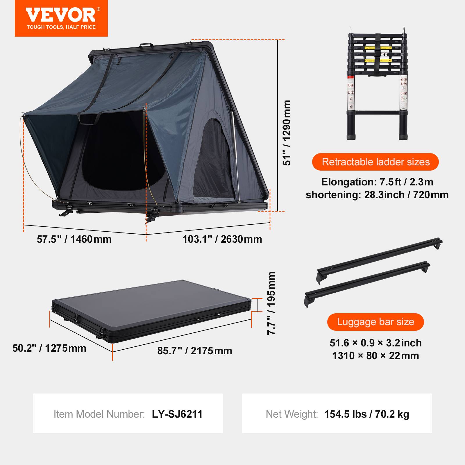 VEVOR Tente de toit rigide Naturnest 2-3 pers., échelle télescopique, matelas épais, imperméable. - Image 7