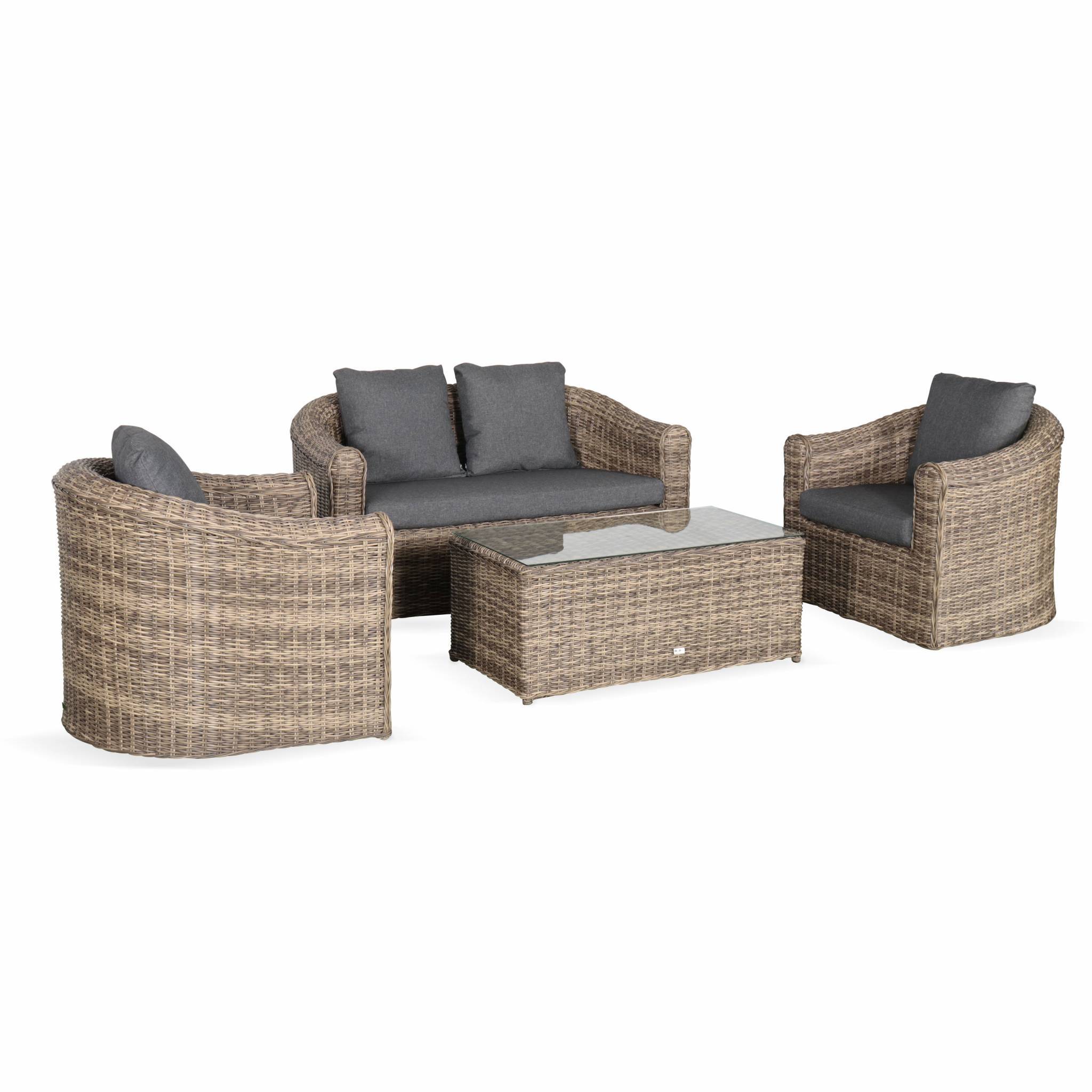 sweeek - Salon de jardin en résine tressée arrondie 4 places - Valentino Naturel - Coussins anthracite. canapé fauteuils table basse | sweeek - Image 2