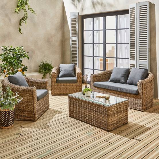 sweeek - Salon de jardin en résine tressée arrondie 4 places - Valentino Naturel - Coussins anthracite. canapé fauteuils table basse | sweeek - Image 1