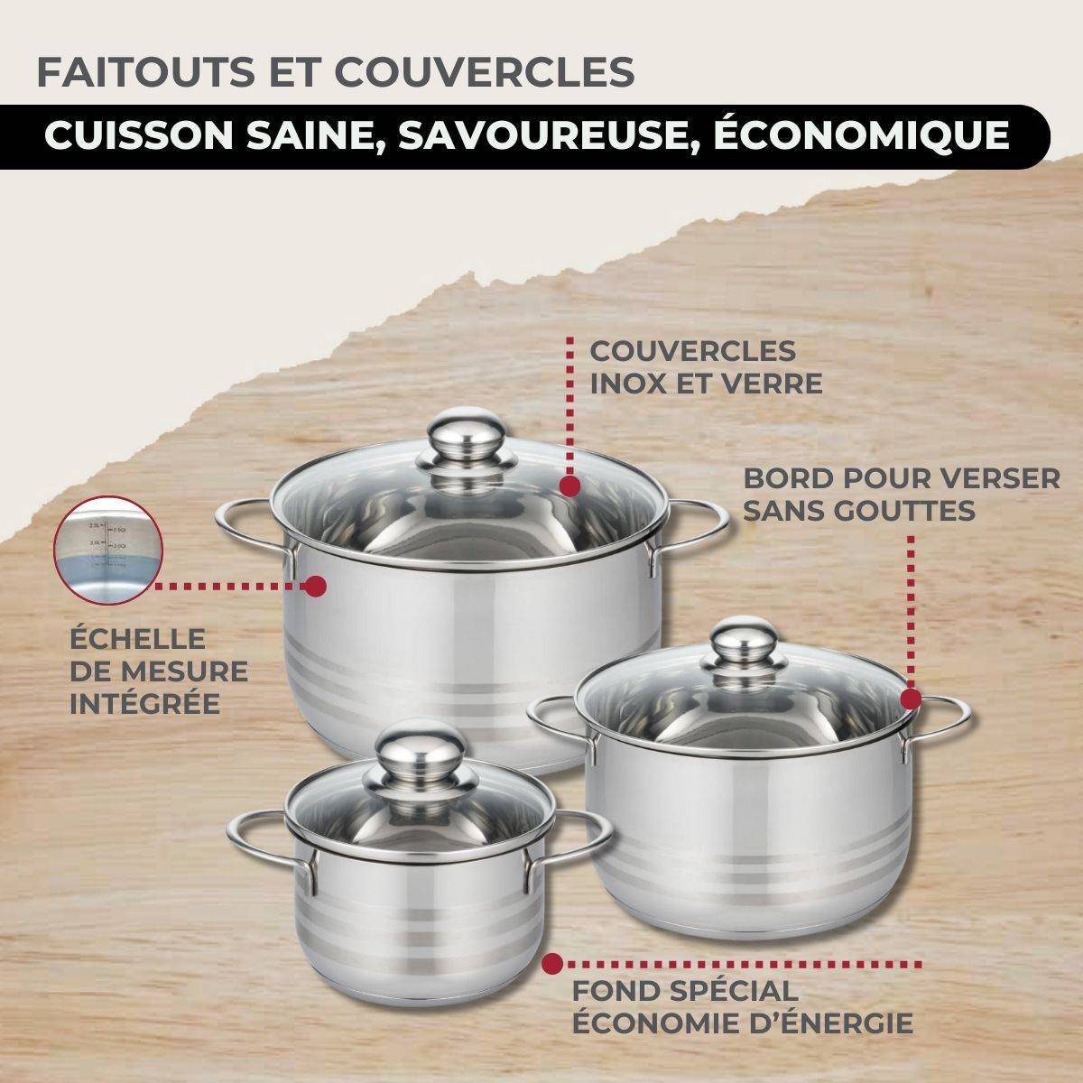 Batterie de cuisine avec 3 poêles 20/24/28 cm et 3 faitouts 16/20/24 cm en inox sans PFAS Fackelmann Eterna Brillant - Image 6