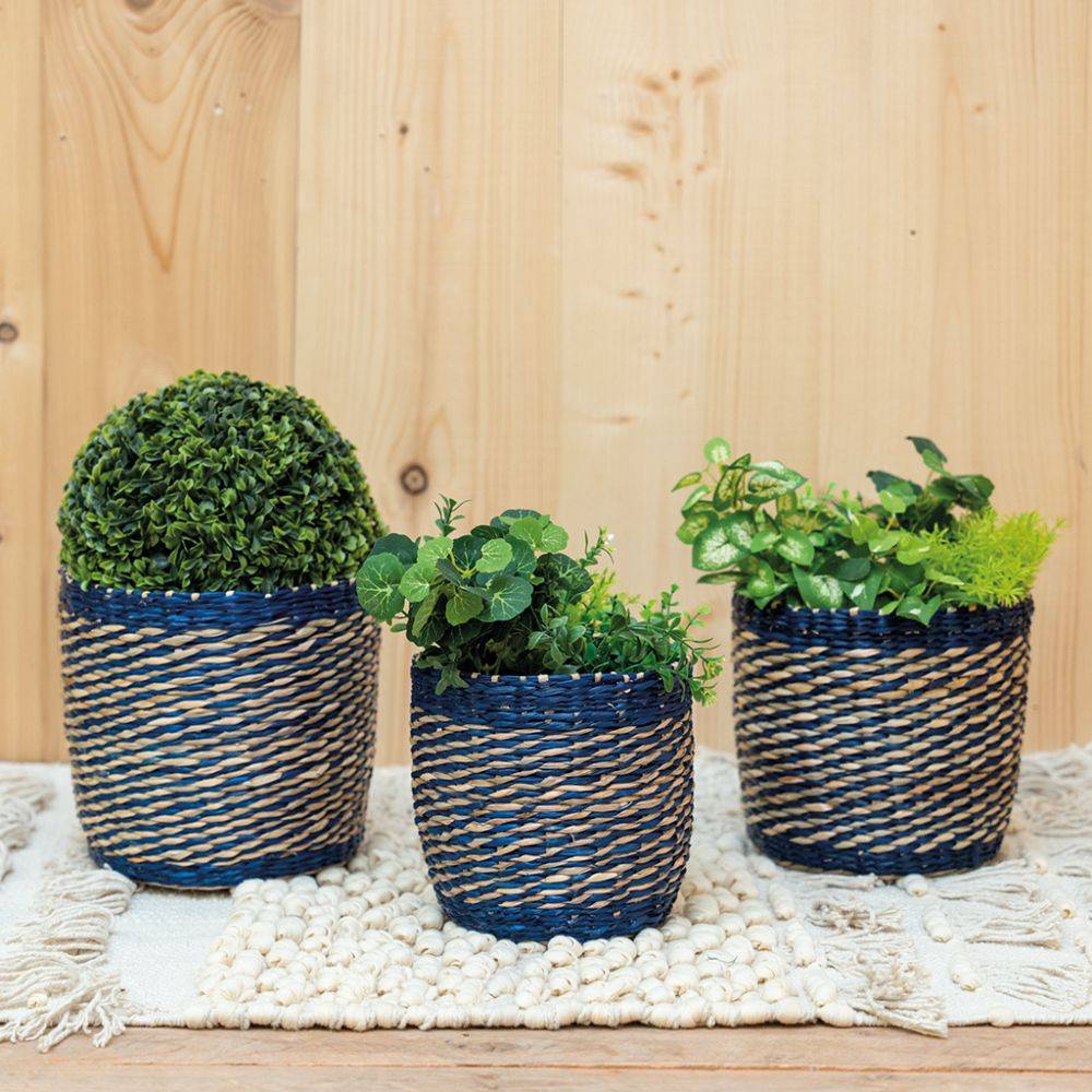Aubry Gaspard - Cache-pots en jonc naturel et bleu (lot de 3) - Imagen 2