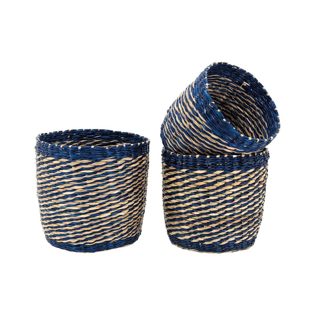 Aubry Gaspard - Cache-pots en jonc naturel et bleu (lot de 3) - Imagen 1