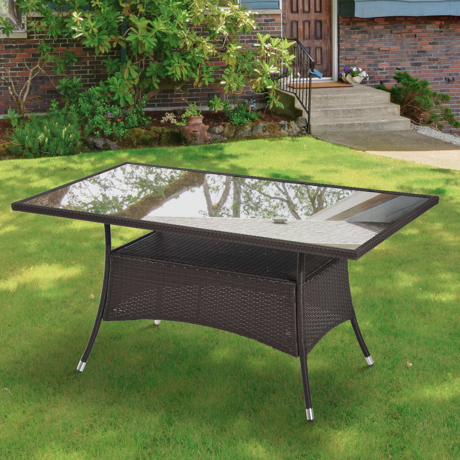 Table de jardin en polyrattan et verre de sécurité, coloris marron et noir, dimensions 150x85x74 cm - Image 2