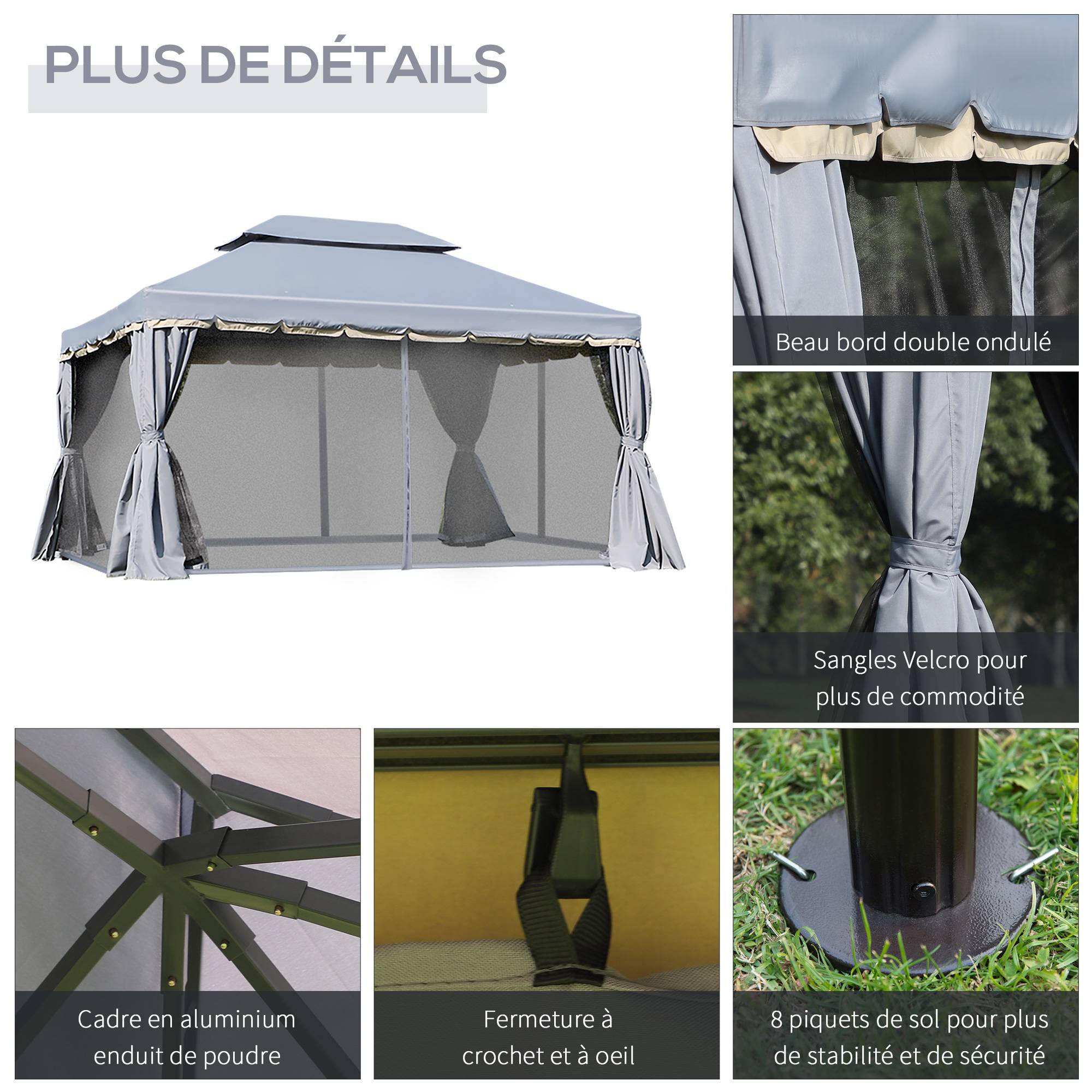 Outsunny - Tonnelle barnum pavillon jardin 4x3m double toit, parois et moustiquaires amovibles gris - Outsunny - Image 6