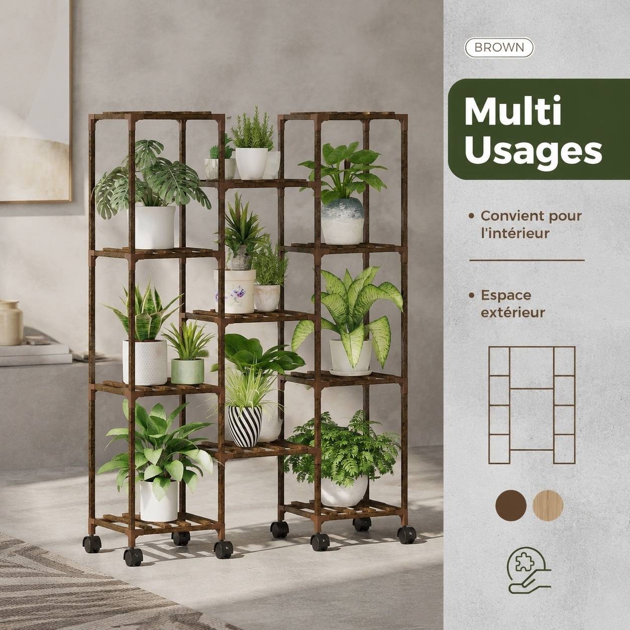Support de Plantes En Bois à Roues pour 11 Pots Grand Rangement Décoratif Intérieur Extérieur - Image 4