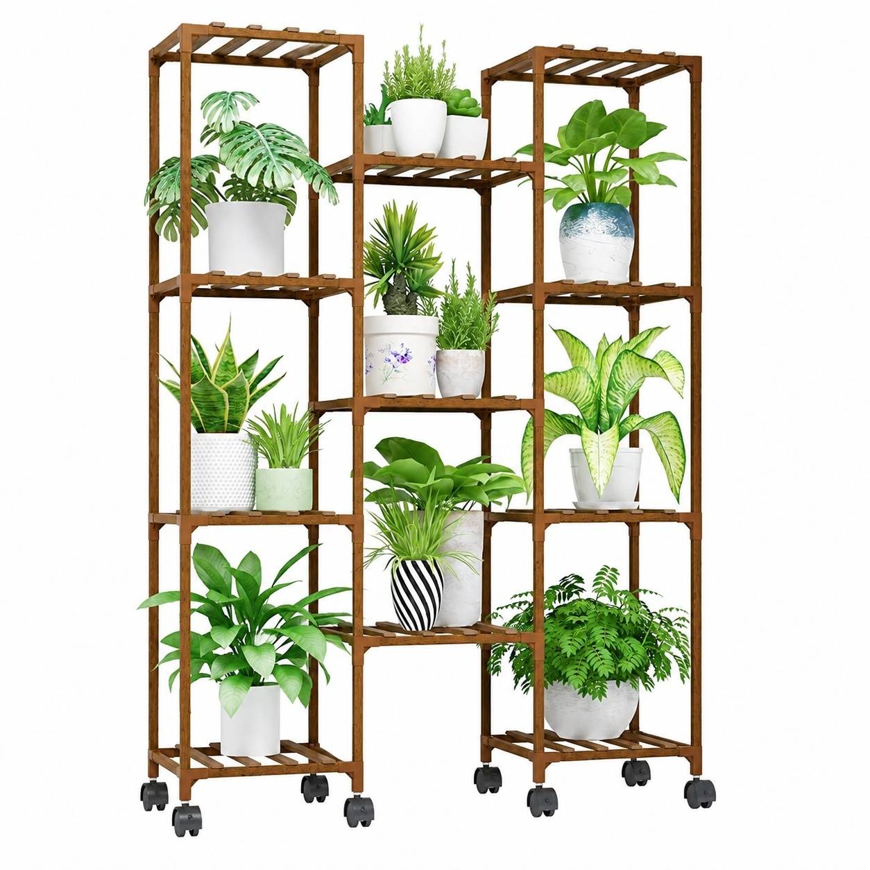 Support de Plantes En Bois à Roues pour 11 Pots Grand Rangement Décoratif Intérieur Extérieur - Image 1