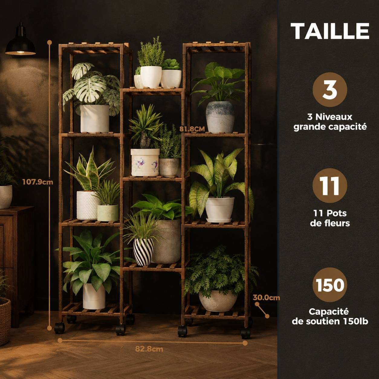 Support de Plantes En Bois à Roues pour 11 Pots Grand Rangement Décoratif Intérieur Extérieur - Image 3