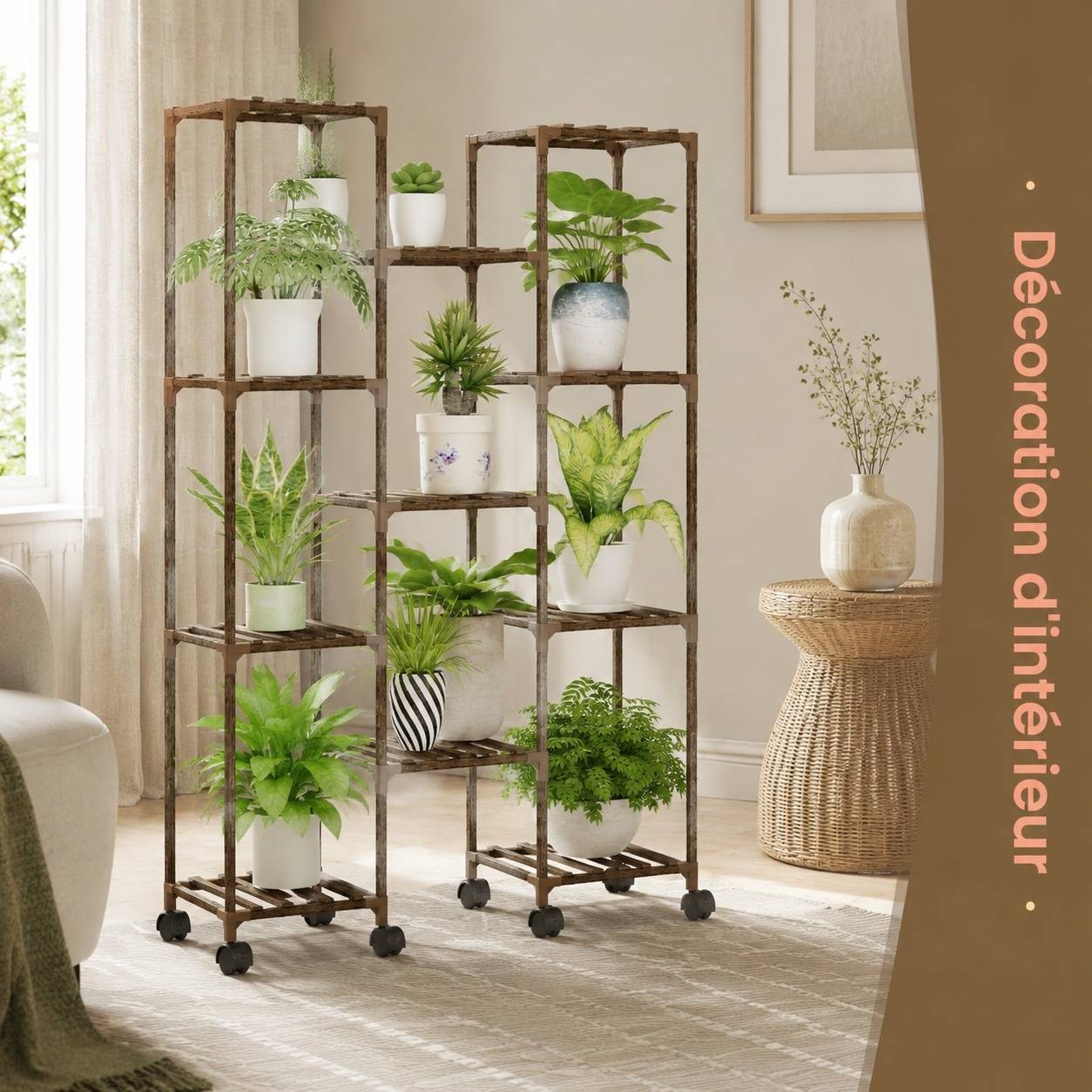 Support de Plantes En Bois à Roues pour 11 Pots Grand Rangement Décoratif Intérieur Extérieur - Image 6