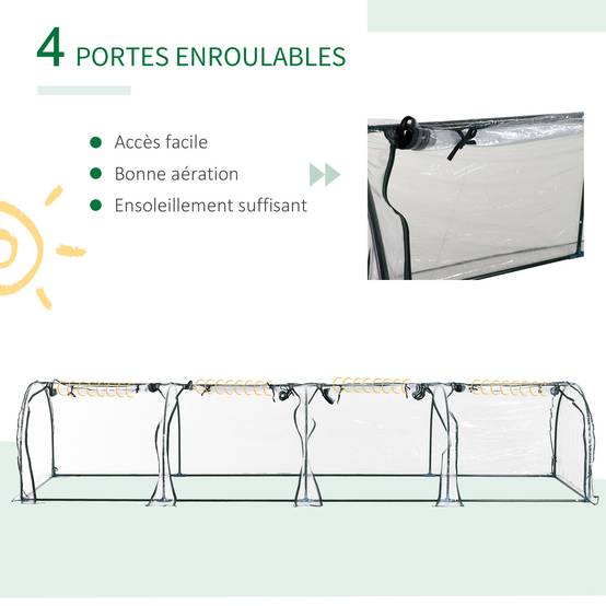 Mini serre à tomates potager acier bâche PVC 4 portes zippées 395x100x80cm transparent - ComfortXL Outdoor Living - Image 8