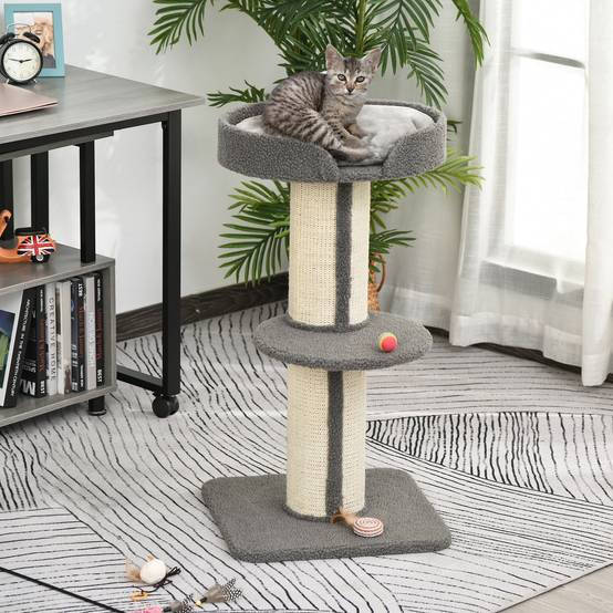 Arbre à Chat 3 Niveaux 91 cm avec Panier Douillet Plateforme et Poteau Griffoir Sisal Gris - ComfortXL Outdoor Living - Image 3