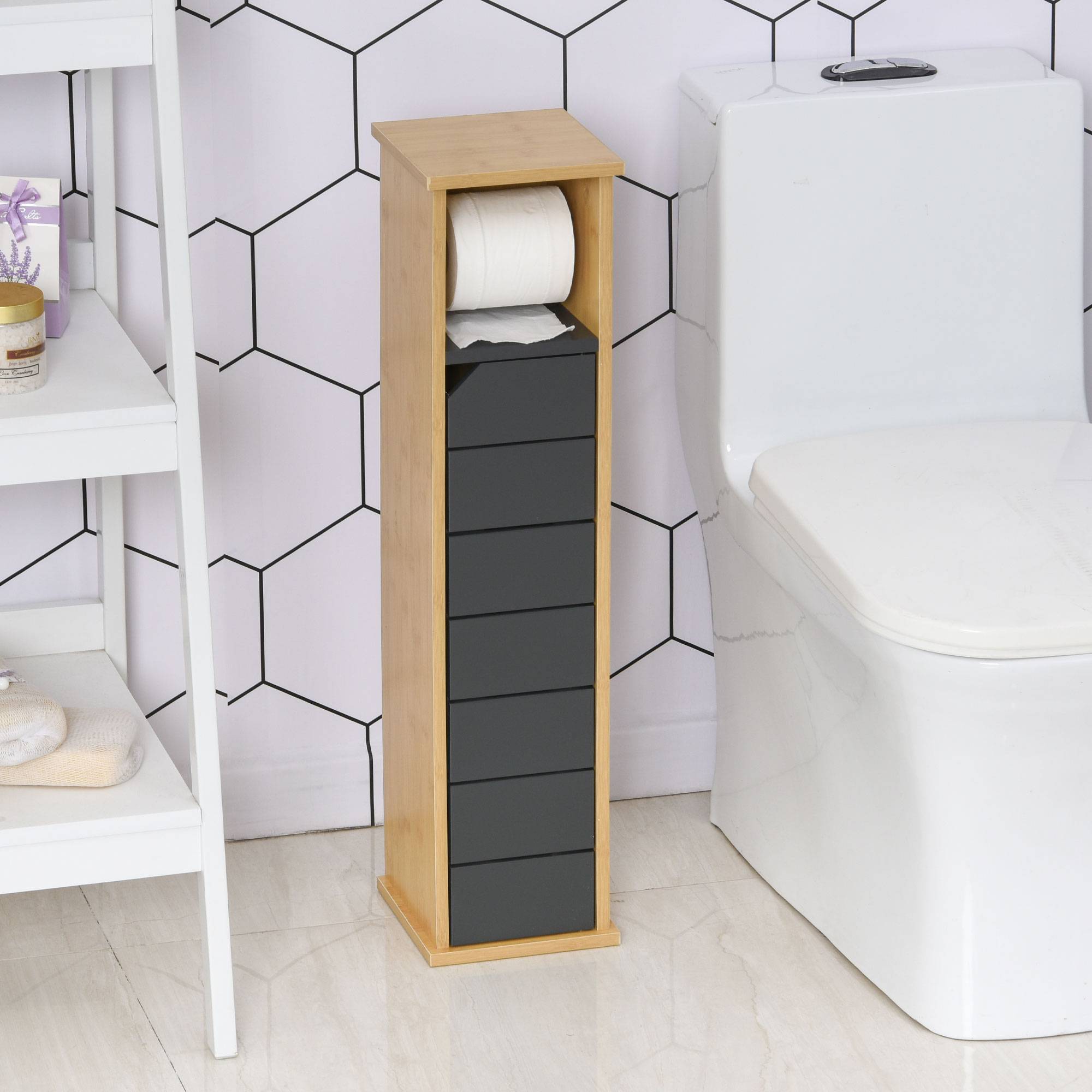 Meuble WC porte papier toilette bambou avec étagère réglable, rangement compact gris moderne - Image 4