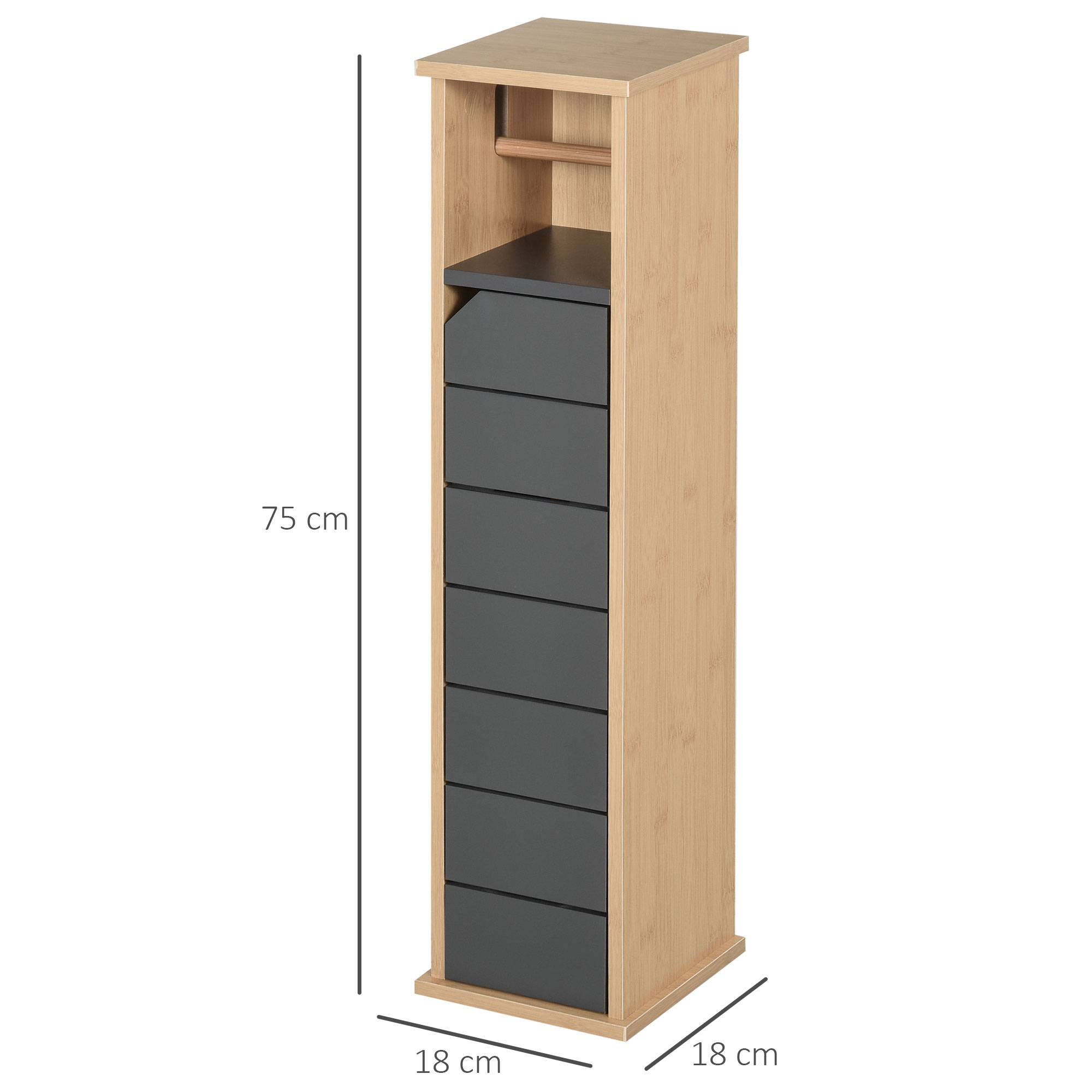 Meuble WC porte papier toilette bambou avec étagère réglable, rangement compact gris moderne - Image 5