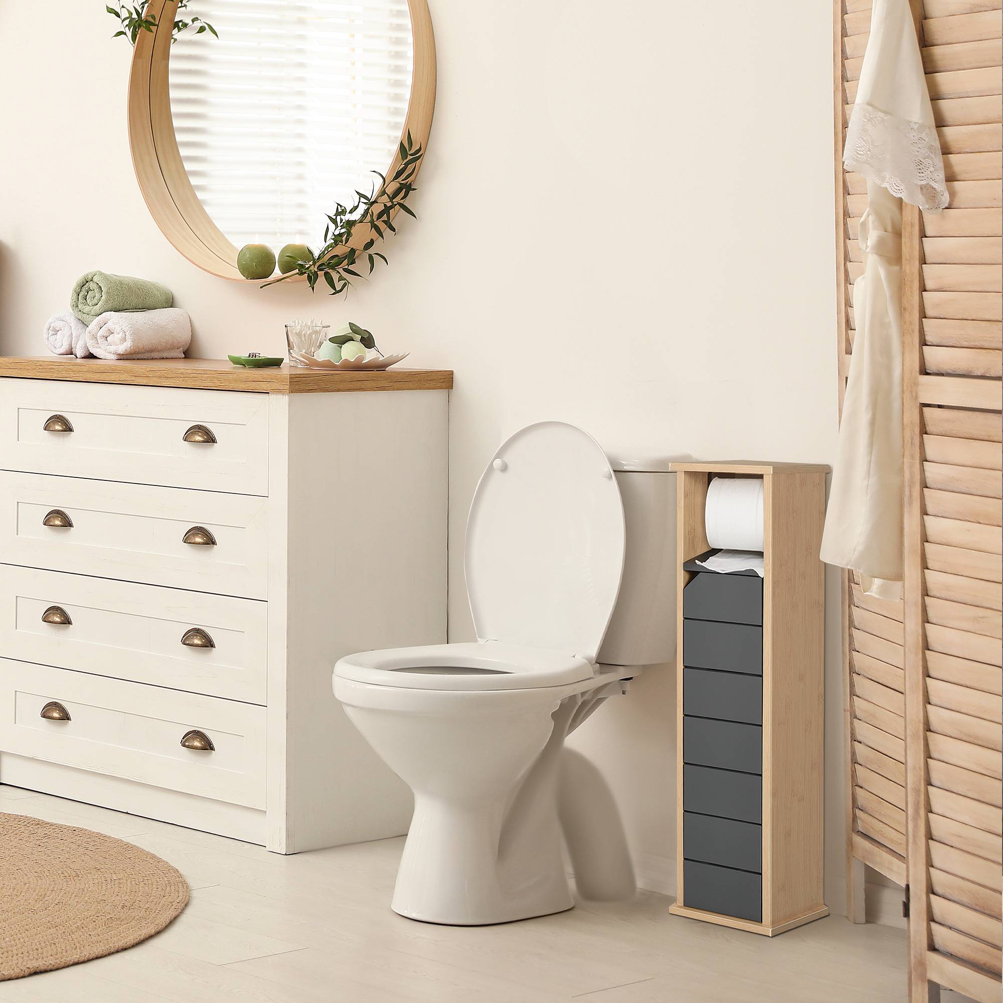 Meuble WC porte papier toilette bambou avec étagère réglable, rangement compact gris moderne - Image 3