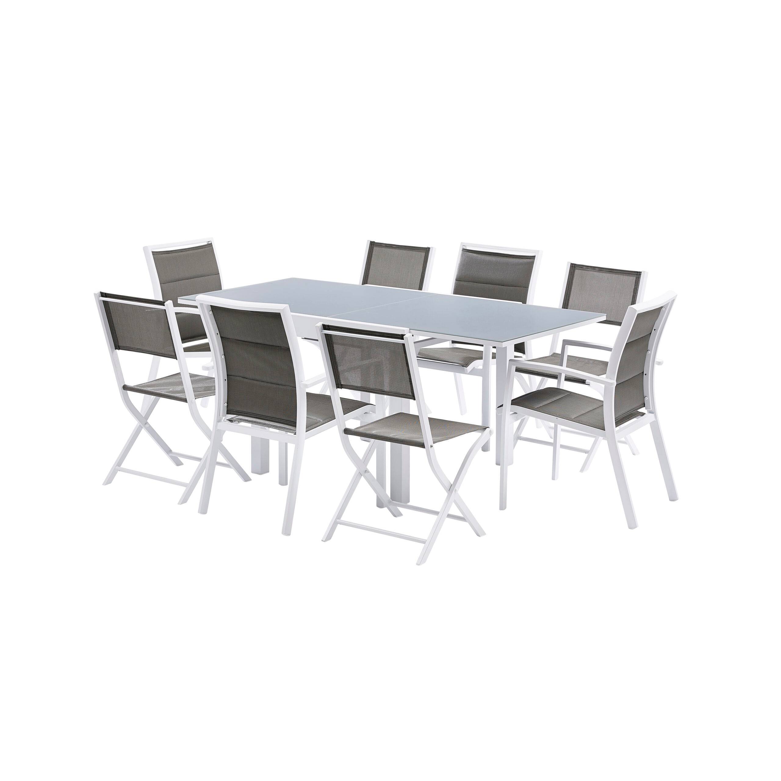 Wilsa Garden - Ensemble MODULO 4/8p en aluminium blanc et verre trempé gris perle avec 4 fauteuils et 4 chaises pliantes - Imagen 2