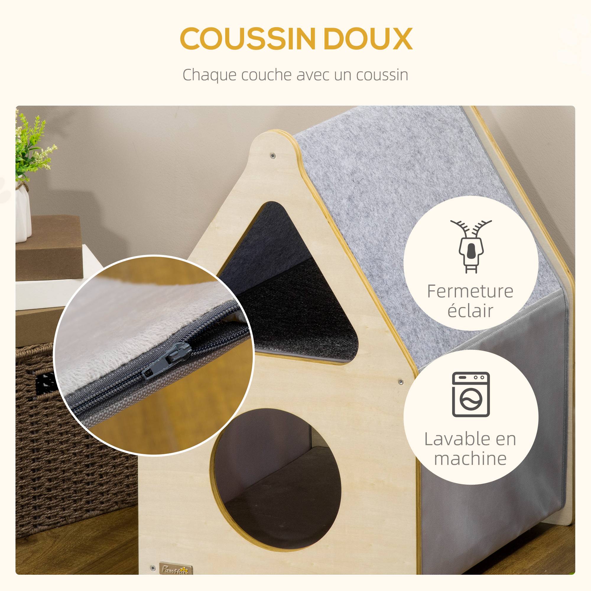 Pawhut - Maison pour chat design maisonnette - niche chat panier chat - 2 coussins amovibles, 2 niv. - panneaux aspect bois clair polyester gris - Imagen 5