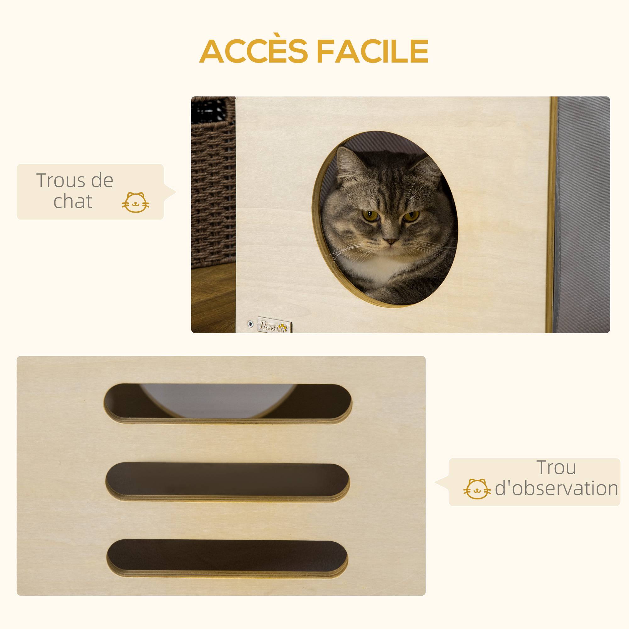 Pawhut - Maison pour chat design maisonnette - niche chat panier chat - 2 coussins amovibles, 2 niv. - panneaux aspect bois clair polyester gris - Imagen 7