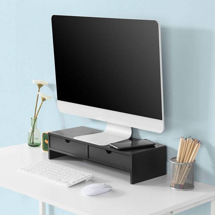 Support d'Écran PC SoBuy avec 2 Tiroirs de Rangement, Universel pour Moniteur et Ordinateur Portable, Noir, 47x18x11cm, BBF02-SCH - Image 2
