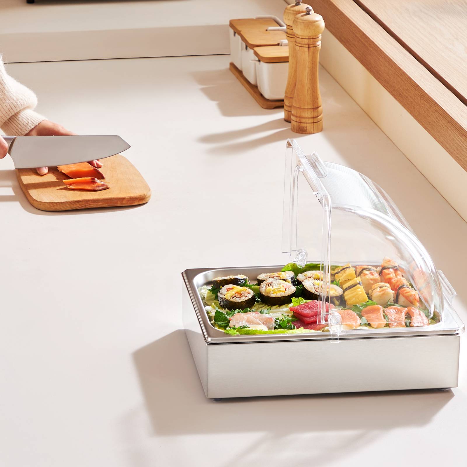 Vevor - VEVOR Saladette réfrigérée 1 plateau, inox, couvercle, bac à glaçons, buffet. - Image 8