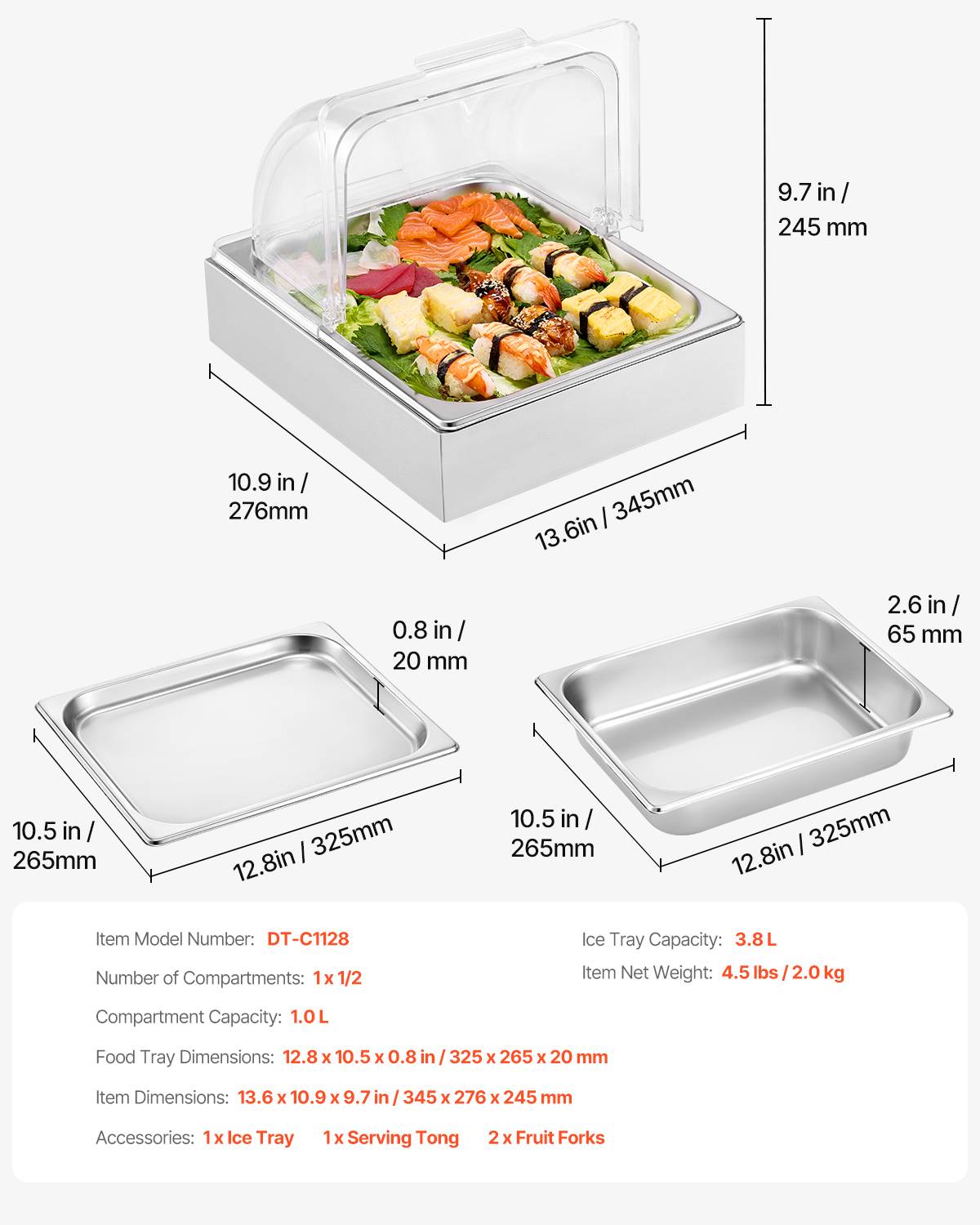 Vevor - VEVOR Saladette réfrigérée 1 plateau, inox, couvercle, bac à glaçons, buffet. - Image 7