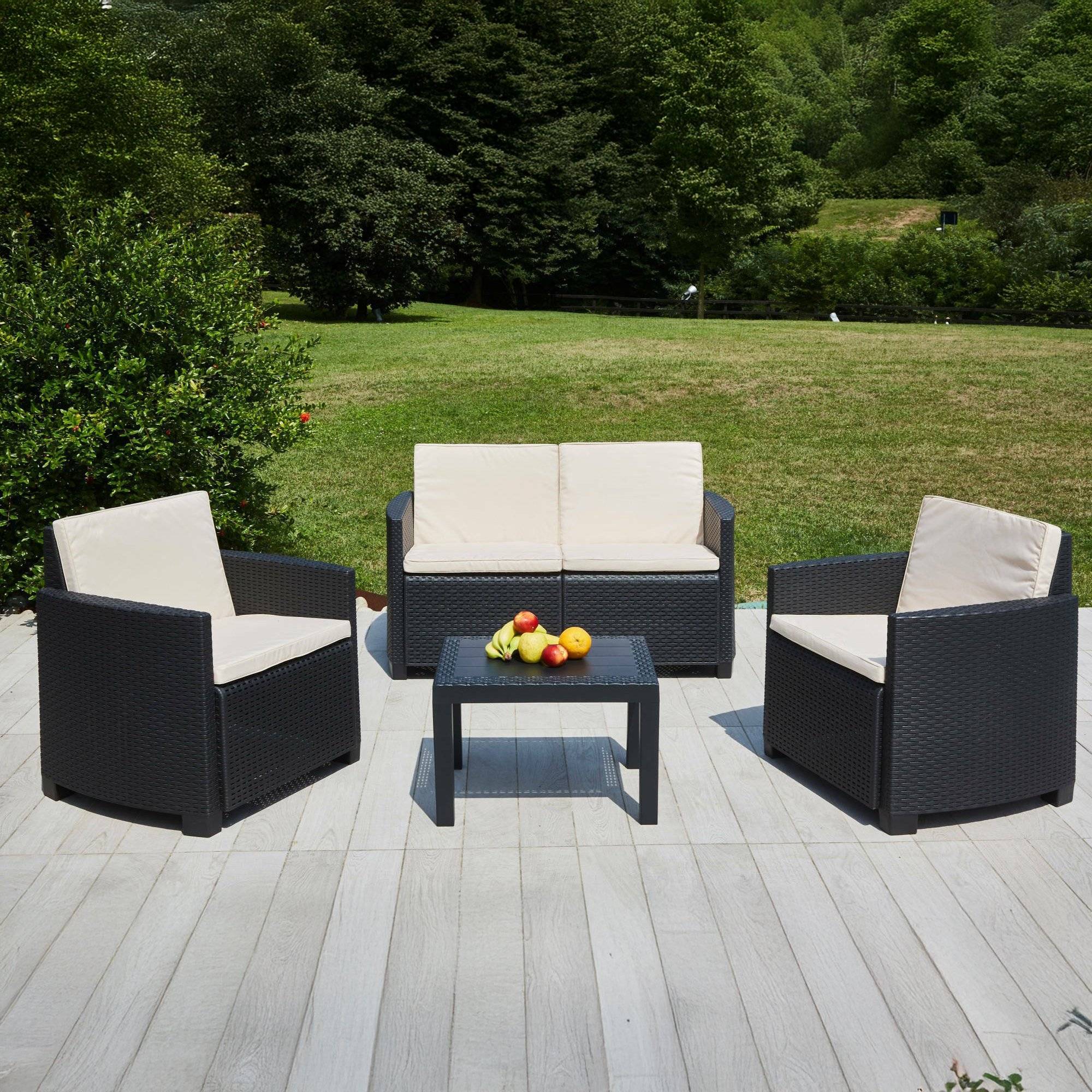 Dmora - Salon d'extérieur Sassari, Composition de jardin avec 2 fauteuils, 1 canapé et 1 table basse, Salon effet rotin avec coussins, Anthracite - Dmora - Imagen 2