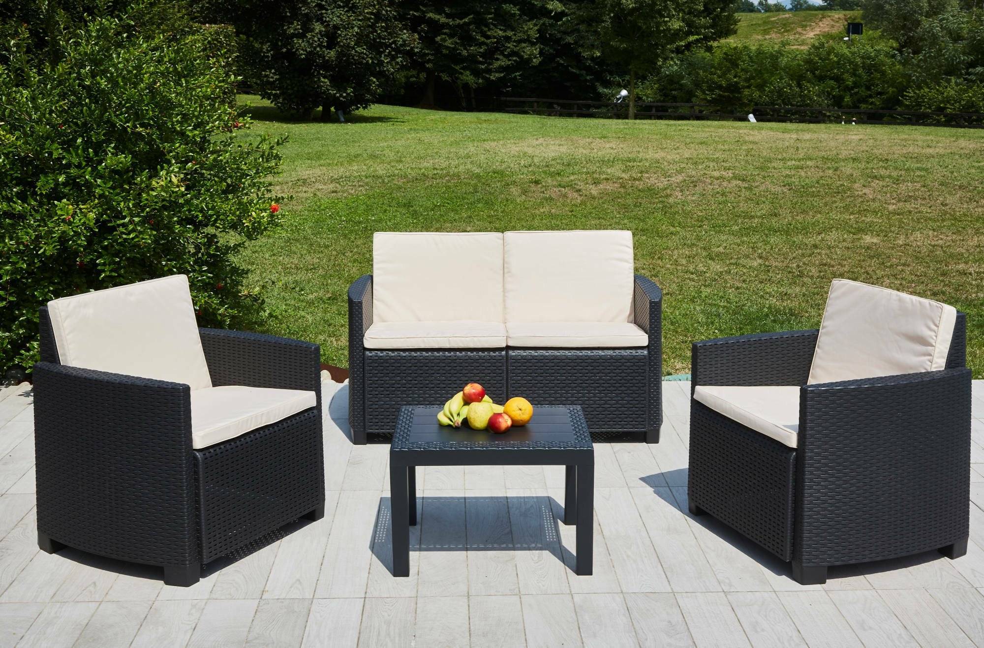 Dmora - Salon d'extérieur Sassari, Composition de jardin avec 2 fauteuils, 1 canapé et 1 table basse, Salon effet rotin avec coussins, Anthracite - Dmora - Imagen 5