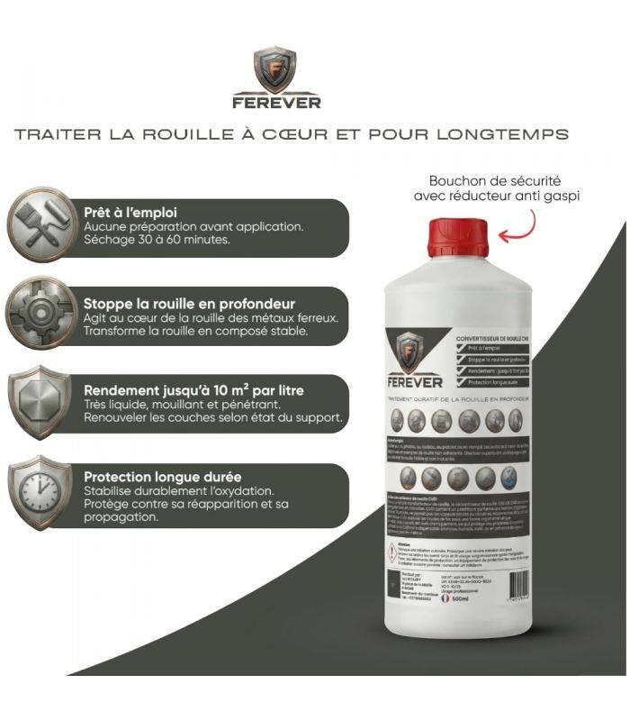 Lot 2 bidons convertisseur de rouille 0,5L longue durée, séchage rapide - FEREVER CV01x2 - Image 2