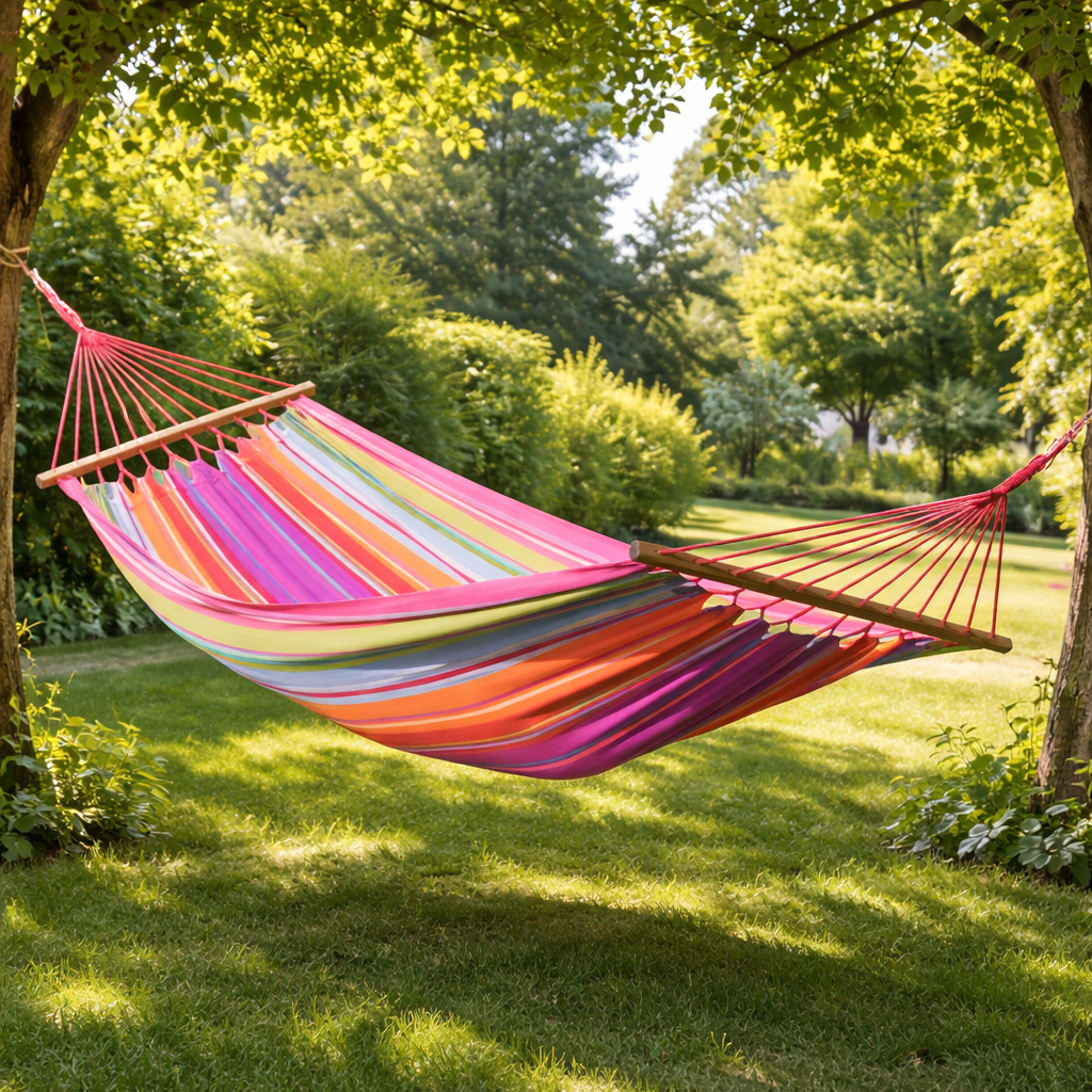 Couleurs du monde - Toile hamac double rayé vert lilas avec barre d'écartement 100% coton - Toile uniquement - Imagen 1