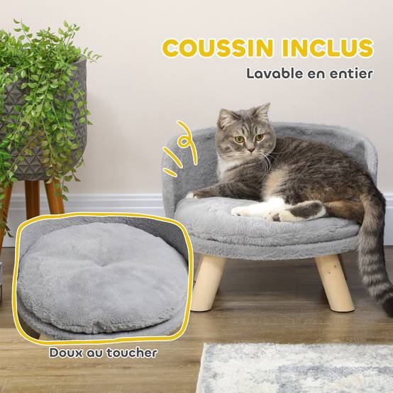 Canapé lit panier pour chien design scandinave coussin moelleux amovible pieds en bois Ø 40,5 x 33H cm gris - Image 7