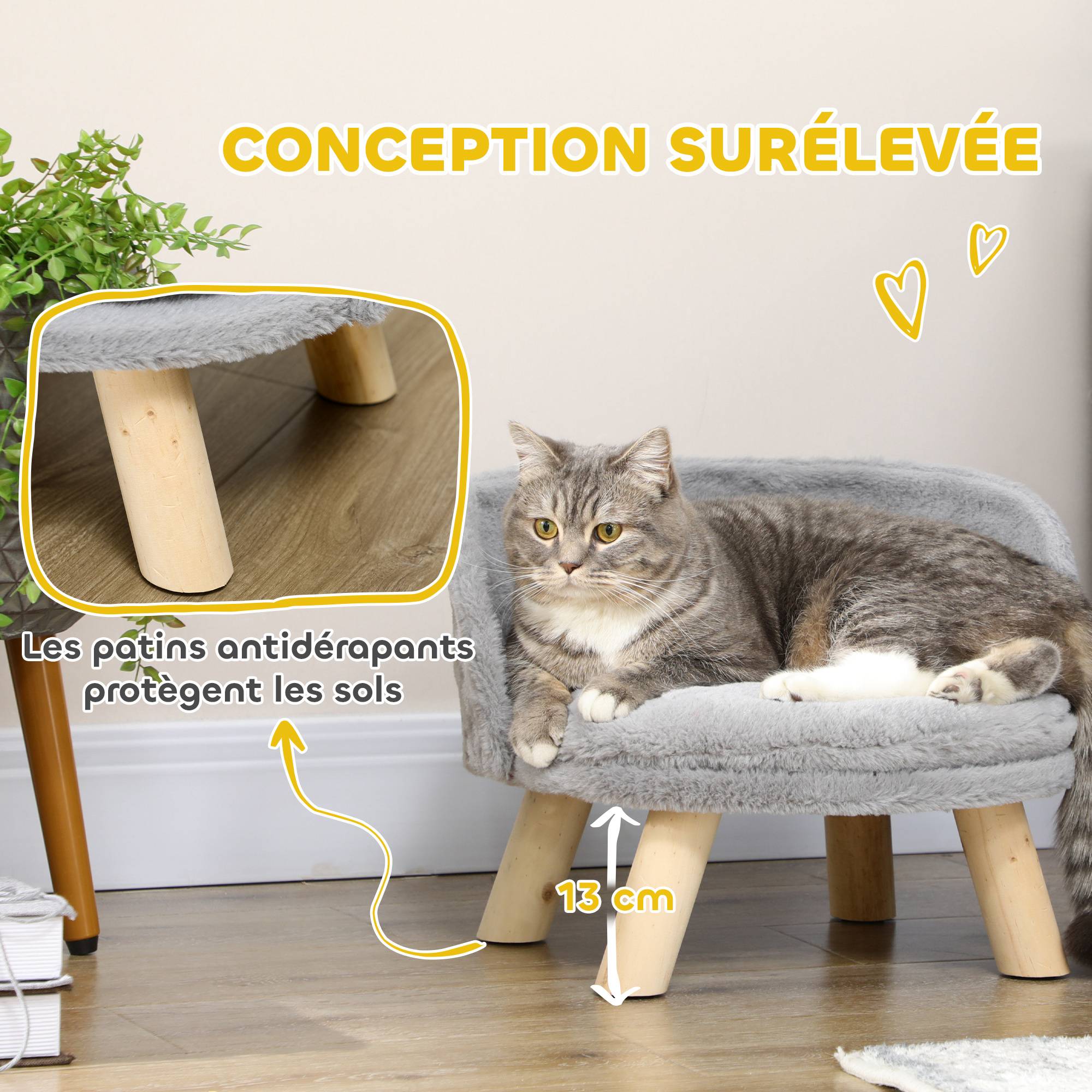 Canapé lit panier pour chien design scandinave coussin moelleux amovible pieds en bois Ø 40,5 x 33H cm gris - Image 8