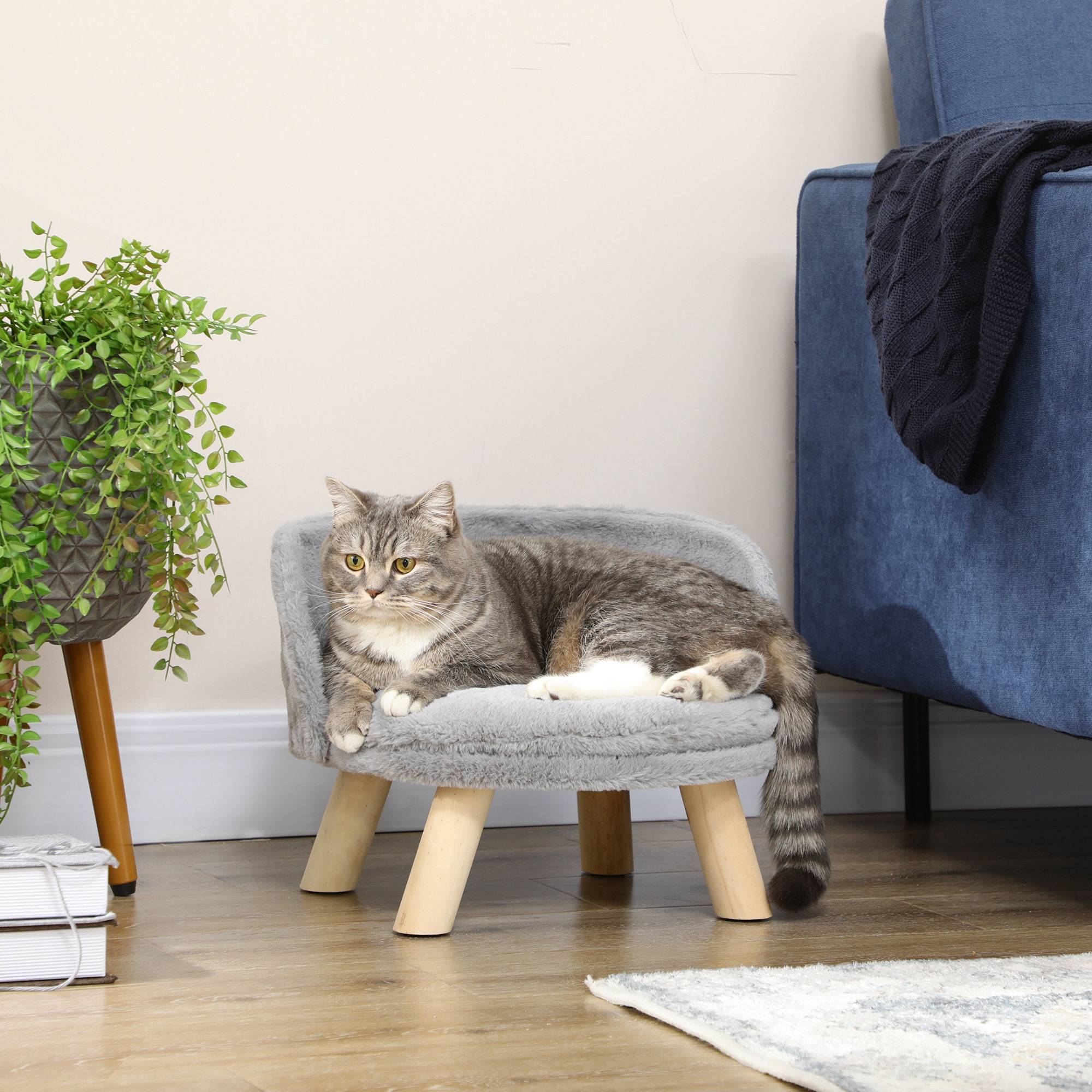 Canapé lit panier pour chien design scandinave coussin moelleux amovible pieds en bois Ø 40,5 x 33H cm gris - Image 4