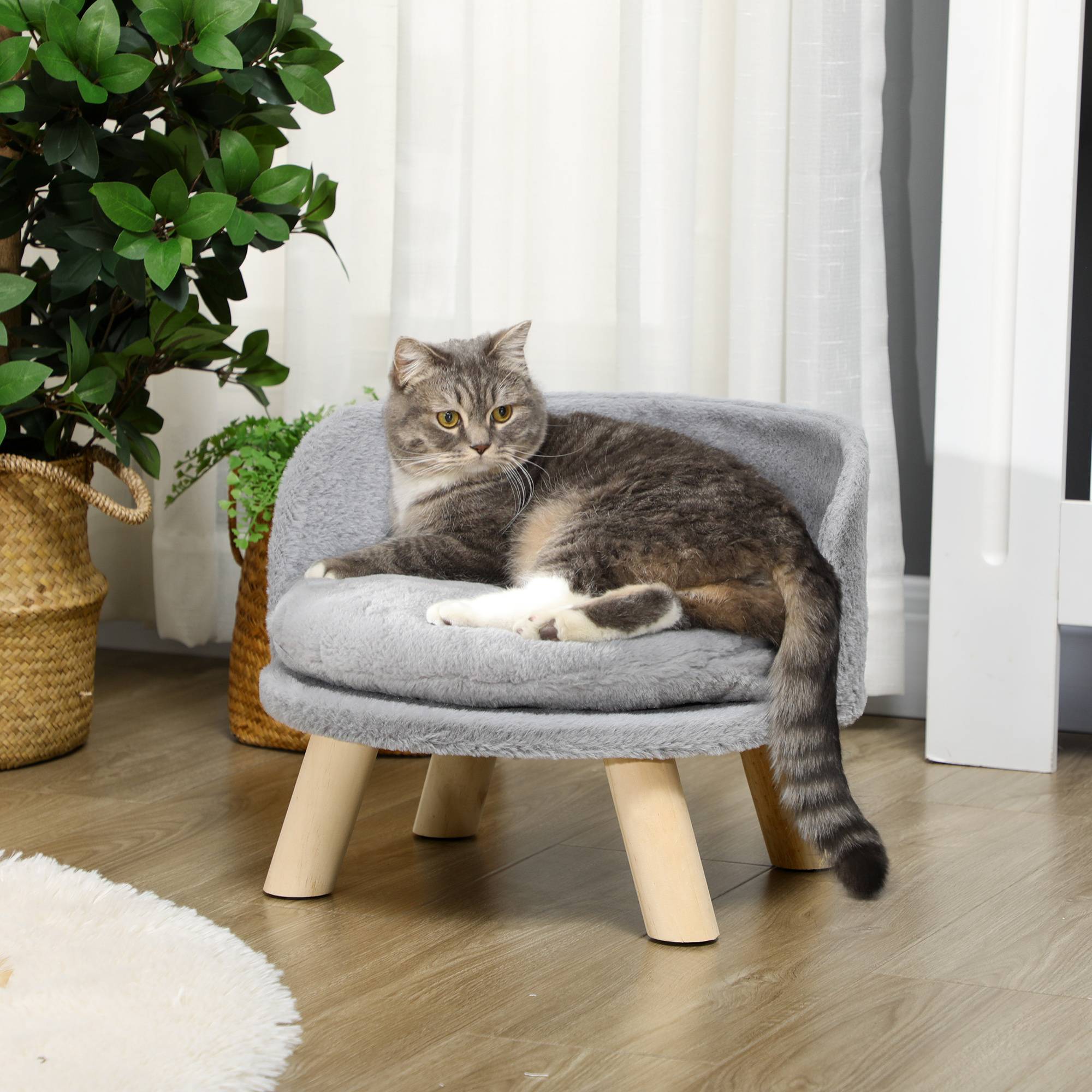 Canapé lit panier pour chien design scandinave coussin moelleux amovible pieds en bois Ø 40,5 x 33H cm gris - Image 3
