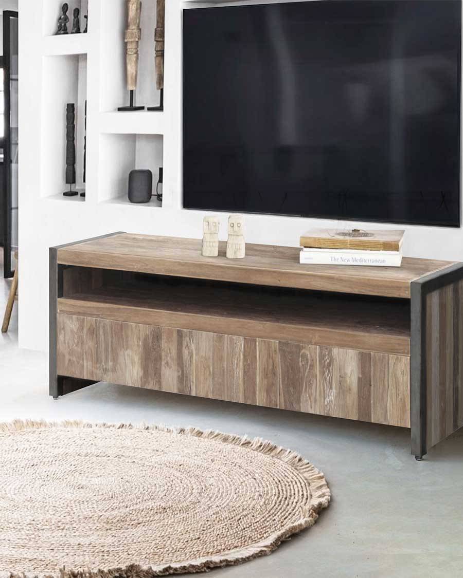Arche - Meuble  industriel en teck recyclé et métal noir 150 cm - UNIQKA - Imagen 2